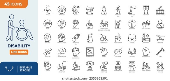 Disability line editable icon set. Vector illustration in modern thin line style of handicap related icons: features of physical and mental development, assistive devices, inclusivity, and more