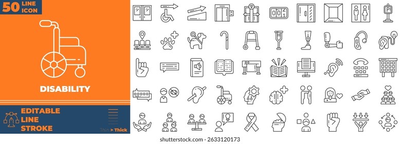 Symbol für Deaktivierungszeile, editierbar. Vektorgrafik im modernen dünnen Linienstil von Behinderungssymbolen: Rollstuhl, Physiotherapie, Medizin usw.