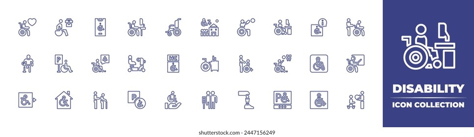 Icono de línea de discapacidad colección. Trazo editable. Ilustración vectorial. Con persona discapacitada, silla de ruedas, paralímpico, aparcamiento, discapacitado, prótesis, personas discapacitadas, wc, signo de discapacitado.