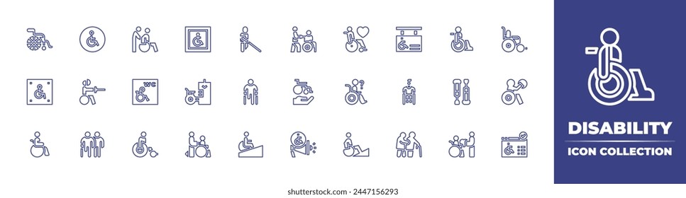 Disability line icon collection. Editable stroke. Vector illustration. Containing disabled person, disabled, disabled people, helping, care, wheelchair, blind, loudspeaker, ramp, disabled sign.