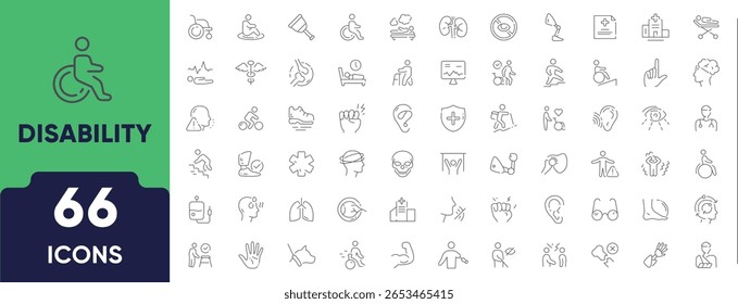 Disability Line Icon Set. Set of 66 outline icons including wheelchair, hearing aid, prosthetics, assistance, accessibility, and support. Editable stroke. Linear vector illustration.