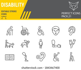 Conjunto de iconos de línea de discapacidad, colección de personas con discapacidad, bocetos vectoriales, ilustraciones de logotipo, iconos de discapacidad, signos desactivados pictogramas lineales, trazo editable