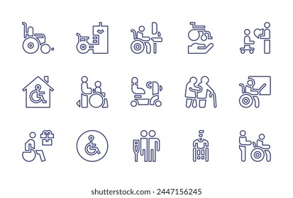 Das Symbol für die Deaktivierungszeile wird gesetzt. Bearbeitbarer Strich. Vektorillustration. Behinderte, Betreuer, Rollstuhl, Behinderte, Behindertenzeichen, Behinderte, Pflege, Lehrer, Arbeitnehmer, Helfer, Rehabilitation.