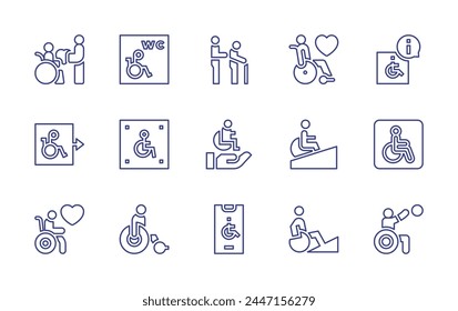 Disability line icon set. Editable stroke. Vector illustration. Containing disabled person, paralympic, disabled people, love, disabled, disability, ramp, disabled sign.