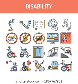 Disability line icons set. Isolated vector element. Outline pictograms for web page, mobile app, promo. Editable stroke.