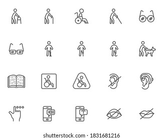 Disability line icons set. linear style symbols collection, outline signs pack. vector graphics. Set includes icons as handicapped person, blind deaf, wheelchair, braille book, prosthesis leg