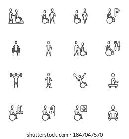 Disability line icons set, outline vector symbol collection, linear style pictogram pack. Signs, logo illustration. Set includes icons as disabled people supporting , wheelchair, handicapped person