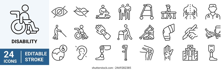 Disability line web icons. Disabled people. Editable stroke. Vector illustration