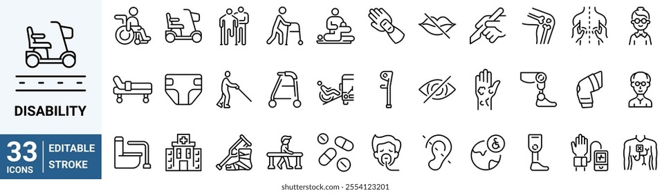 Disability line web icons. Disabled people. Editable stroke. Vector illustration