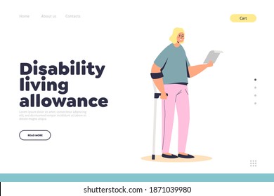 Disability living allowance concept of landing page with young girl standing on crutch hold documents for social payment. Disabled cartoon female character and recovery help. Flat vector illustration