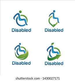 Disability Logo Set. Vector Disabled People Support, Sport, Help Logo, Icon. Man Sitting On The Wheelchair Holding Star. Happy Disabled People. 