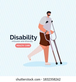 disability man cartoon with leg cast and crutches of Inclusion diversity and health care theme Vector illustration