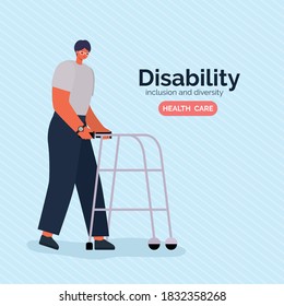 disability man cartoon with walker of Inclusion diversity and health care theme Vector illustration