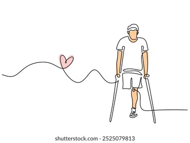 Disability man with love continuous one line drawing. Disabled people with armpit crutches concept. Vector illustration minimalist background.