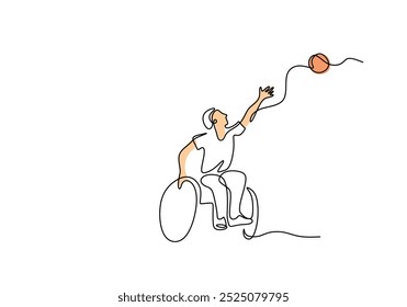 Homem deficiente jogando basquete contínuo um desenho de linha. Conceito de esporte para pessoas com deficiência. Pessoa jogando uma bola. Plano de fundo minimalista de ilustração vetorial.