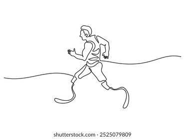 Disability man running continuous one line drawing. Physically disabled athlete sport concept. Vector illustration minimalist background.