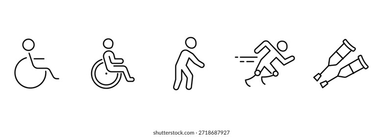 Conjunto de iconos de movilidad para discapacitados, estilo de vida activo en silla de ruedas, terapia de rehabilitación para caminar, deporte protésico para correr, ilustración de Asistencia de lesiones con muletas.