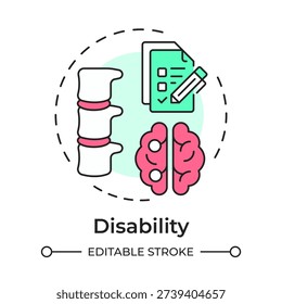 Disability multi color concept icon. Spinal assessment. Brain damage, medical diagnosis. Round shape line illustration. Abstract idea. Graphic design. Easy to use in presentation, booklet