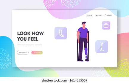 Disability, Orthopedy Medicine Website Landing Page. Invalid Handicapped Man Standing on Crutches with Leg Prosthesis Visit Clinic or Hospital for Doctor Appointment. Cartoon Flat Vector Illustration