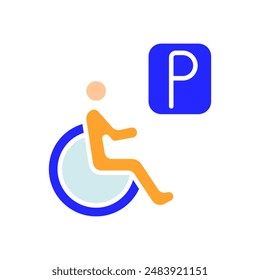 Disability parking set icon. Person in wheelchair, accessibility, reserved parking, mobility aid, inclusive design, handicap spot, support, special needs.