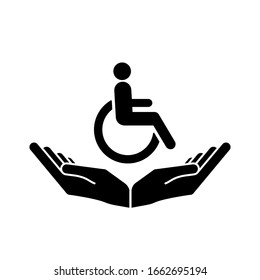Disability patient in the wheelchair with helper hands. Handicapped person. Disabled Icon vector.