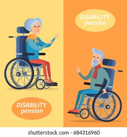 Disability pension two smiling gray-haired pensioners on wheelchairs. Vector illustration isolated on yellow and orange background.
