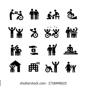 Disability People Care Activities Icon Set, Simple Black Flat Style