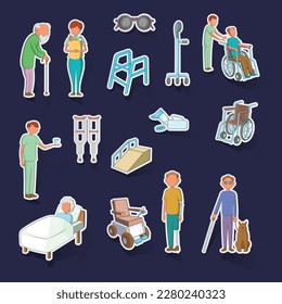 Disability people care icons set stikers collection vector with shadow on purple background