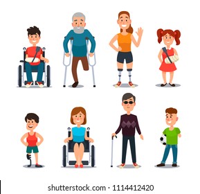 Disability people. Cartoon sick and disabled characters. Person in wheelchair, injured woman, elderly man and happy girl after accident diverse and sickness child colorful vector isolated set