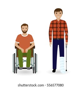 Disability people concept. Two men with disabled legs isolated on a white background. Flat style vector illustration.