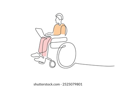 Behinderte Menschen mit Laptop durchgehende einzeilige Zeichnung. Ein Mann mit Rollstuhl arbeitet an Laptop-Konzept. Vektorgrafik minimalistisch.