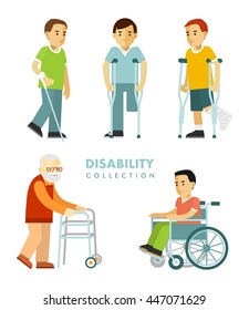 Disability people set. Young and elderly disabled men in wheelchair, with crutches, stick, walker isolated on white background