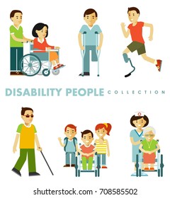 Disability people set. Young and elderly disabled persons - blind, in wheelchair, with crutches, prosthesis isolated on white background