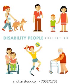 Disability people set. Young and elderly disabled persons - blind, in wheelchair, with prosthesis, walker isolated on white background