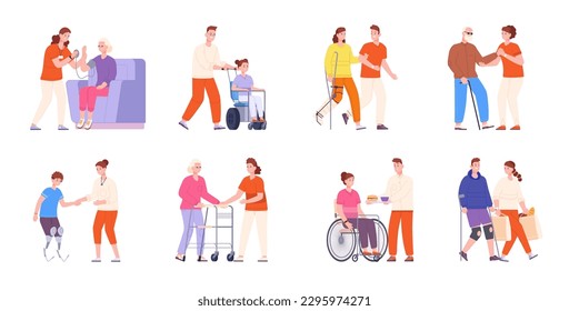 Disability people social caring. Volunteer society worker community care of elderly or disabled person on wheelchair carer job socialcare help service, vector illustration of care assistance social