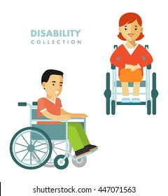 Disability person concept. People set with young disabled man and woman in wheelchair isolated on white background