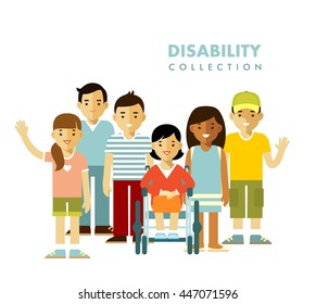Disability person friendship concept. Young disabled woman in wheelchair together with friends isolated on white background