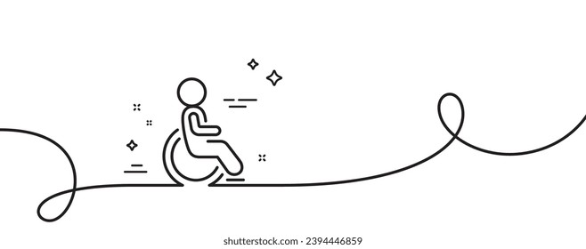 Disability person line icon. Continuous one line with curl. Wheelchair user sign. Person transportation symbol. Disability single outline ribbon. Loop curve pattern. Vector