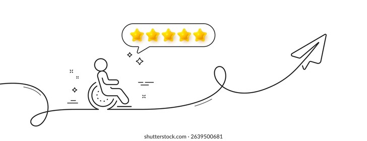Disability person line icon. Continuous line with share plane. Wheelchair user sign. Hotel service symbol. Five star rate review in speech bubble. Disability single line ribbon. Vector