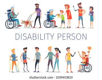 Disability person poster with men on prosthesis, blind people with dog and cane, man and woman with gypsum and elderly couple on wheelchairs vector