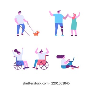 Disability. Person with prosthesis, wheelchair flat vector illustration svg