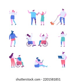 Disability. Person with prosthesis, wheelchair flat vector illustration