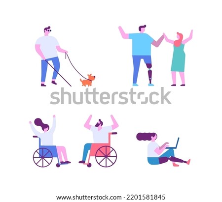 Disability. Person with prosthesis, wheelchair flat vector illustration