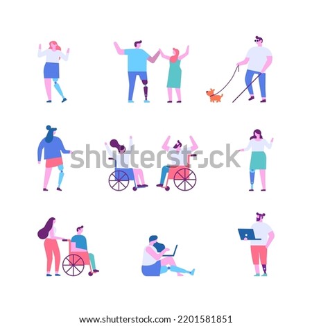 Disability. Person with prosthesis, wheelchair flat vector illustration