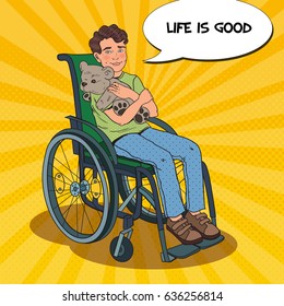Disability Person. Smiling Boy Sitting in Wheelchair. Pop Art vector illustration