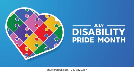 Disability Pride Month. Heart and puzzle. Great for cards, banners, posters, social media and more.  Blue background.  