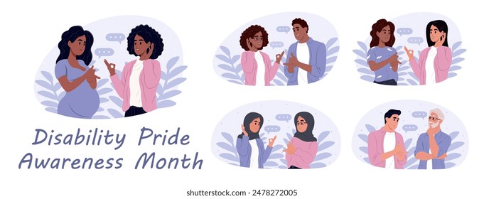 Disability Pride Month observed every year in July. People using sign language to communicate. Template for background, banner, card, poster with text inscription.