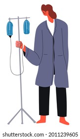 Disability and problems with health and accessibility. Weak or ill female character with dropper in hands, walking and moving. Treatment in hospital or clinic, medical help. Vector in flat style