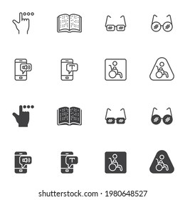 Disability related icon set, line and glyph version, outline and filled vector sign. linear and full pictogram. Symbol, logo illustration. Set includes icons as eye glasses, book for blind people