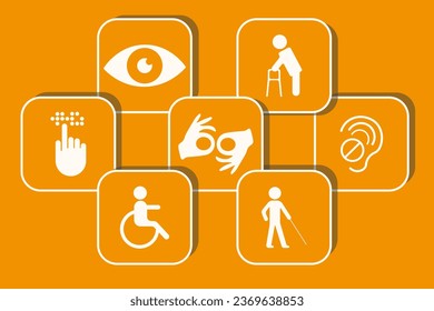 Disability Rights Awareness Month big horizontal Banner. Vector illustration on social concept. Disability icon set.